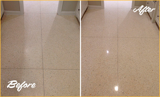 Before and After Picture of a Dull Edmonds Granite Floor Honed to Recover Its Sheen