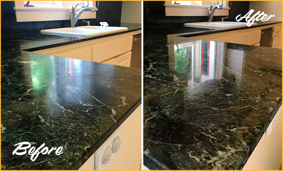 Before and After Picture of a Gold Bar Marble Kitchen Countertop Honed to Remove Water Marks