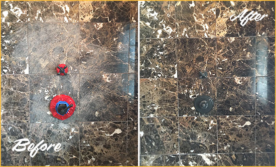 Before and After Picture of a Startup Marble Shower Honed to Remove Scratches