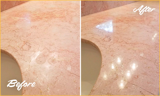 Before and After Picture of a Granite Falls Marble Vanity Top Honed to Eliminate Water Spots