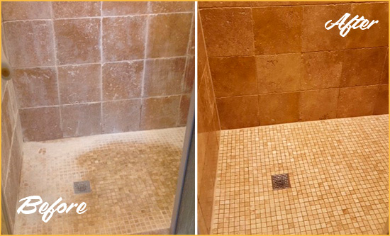 Before and After Picture of a Bothell Travertine Shower Honed to Remove Mineral Deposits