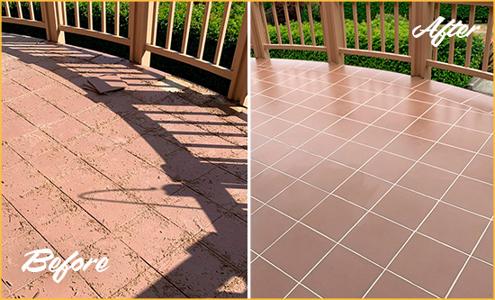 Before and After Picture of a Sultan Hard Surface Restoration Service on a Tiled Deck
