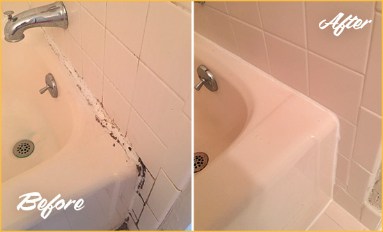 Before and After Picture of a Brier Hard Surface Restoration Service on a Tile Shower to Repair Damaged Caulking