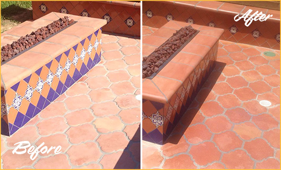 Before and After Picture of a Seattle Hard Surface Restoration Service on a Dull Terracotta Patio Floor to Recover Its Color