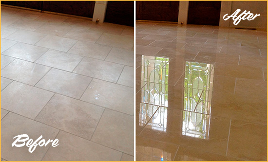 Before and After Picture of a Granite Falls Hard Surface Restoration Service on a Dull Travertine Floor Polished to Recover Its Splendor