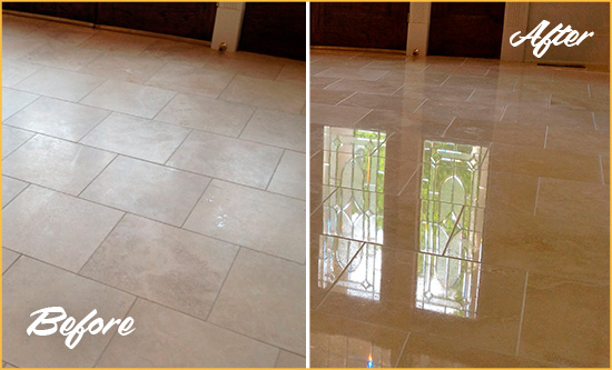 Before and After Picture of a Gold Bar Hard Surface Restoration Service on a Dull Travertine Floor Polished to Recover Its Splendor