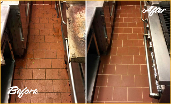 Before and After Picture of a Monroe Hard Surface Restoration Service on a Restaurant Kitchen Floor to Eliminate Soil and Grease Build-Up