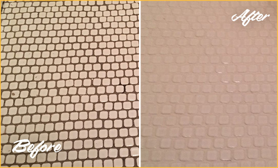 Before and After Picture of a Silvana Hard Surface Restoration Service on a Bathroom Tile Floor Recolored to Fix Grout Color