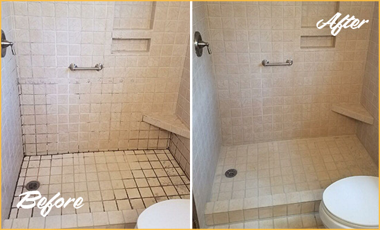 Before and After Picture of a Lake Stevens Shower Grout Cleaned to Remove Mold