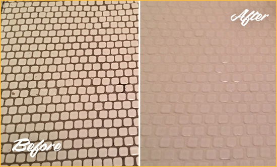 Before and After Picture of a Mukilteo Mosaic Tile floor Grout Cleaned to Remove Dirt