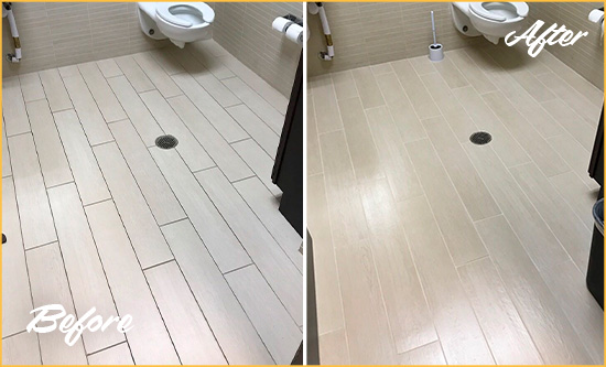 Before and After Picture of a North Lakewood Office Restroom's Grout Cleaned to Remove Dirt