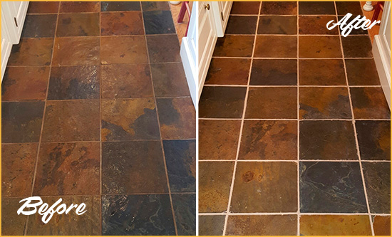 Before and After Picture of Gold Bar Slate Floor Grout Cleaned to Remove Dirt