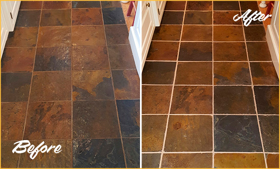 Before and After Picture of Snohomish Slate Floor Grout Cleaned to Remove Dirt