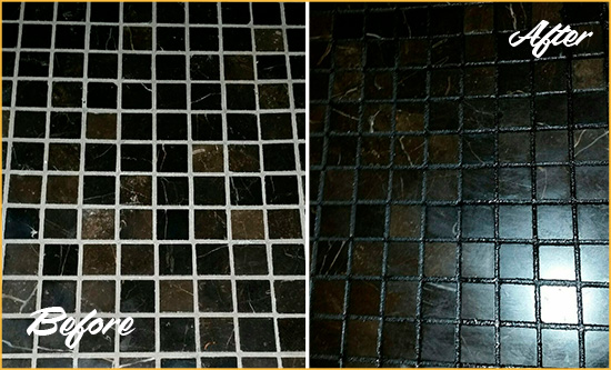 Before and After Picture of a Snohomish Black Floor with Recolored Grout