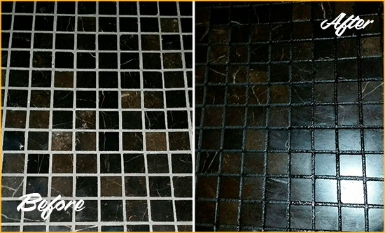 Before and After Picture of a Lake Stevens Black Floor with Recolored Grout