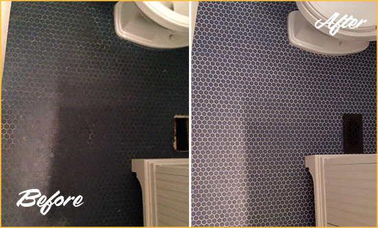 Before and After Picture of a Stanwood Blue Tile Floor Recolored Grout