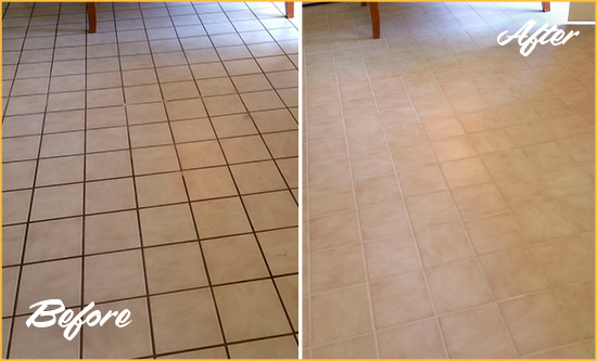 Before and After Picture of a Lake Stevens Kitchen Tile Floor with Recolored Grout