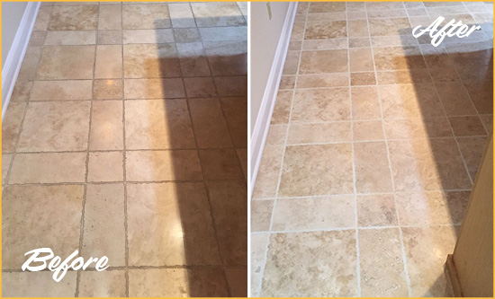 Before and After Picture of a Mukilteo Travertine Kitchen Floor Recolored Grout