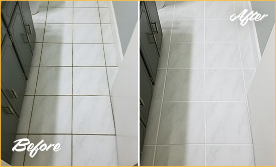 Before and After Picture of a Gold Bar Bathroom Floor Grout Sealed to Remove Grime