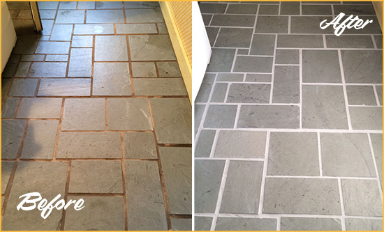 Before and After Picture of Damaged Startup Slate Floor with Sealed Grout