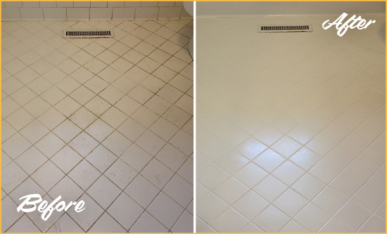 Before and After Picture of a Stanwood White Bathroom Floor Grout Sealed for Extra Protection