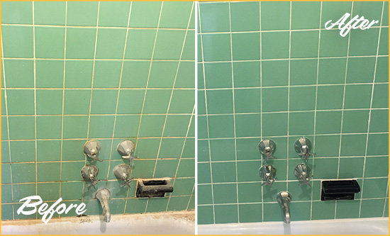 Before and After Picture of a Stanwood Bath Tub Grout Sealed to Avoid Water Damage