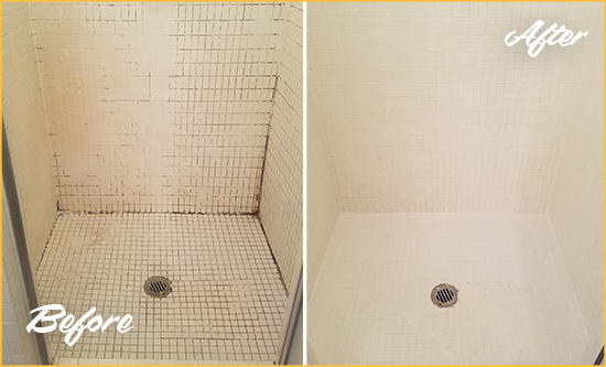 Before and After Picture of a Mill Creek Bathroom Grout Sealed to Remove Mold