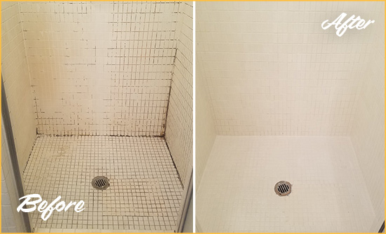 Before and After Picture of a Index Bathroom Grout Sealed to Remove Mold