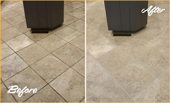 Before and After Picture of a Granite Falls Kitchen Floor Grout Sealed to Remove Stains