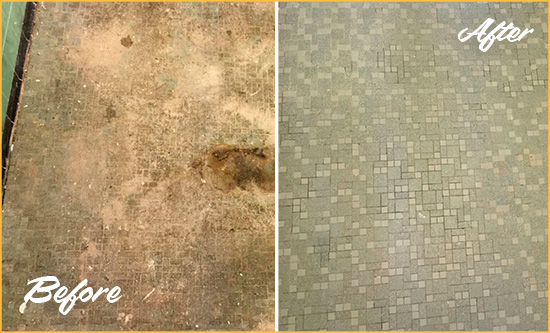 Before and After Picture of a Silvana Mosaic Shower Cleaned to Eliminate Embedded Dirt