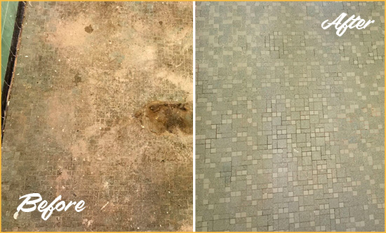 Before and After Picture of a Mercer Island Mosaic Shower Cleaned to Eliminate Embedded Dirt