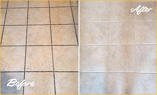 Before and After Picture of a Sultan Ceramic Floor Cleaned to Remove Soil