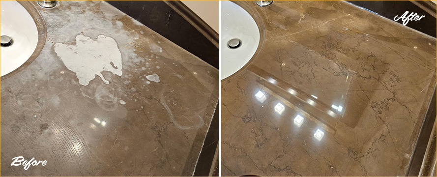 Vanity Top Before and After a Superb Stone Polishing in Redmond, WA