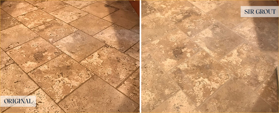Travertine Floor Before and After a Stone Cleaning in Redmond