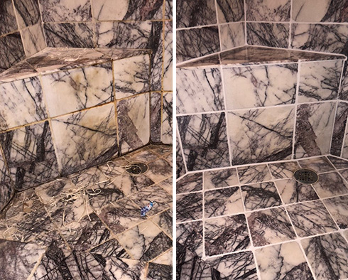 Marble Shower Before and After a Grout Cleaning in Snohomish