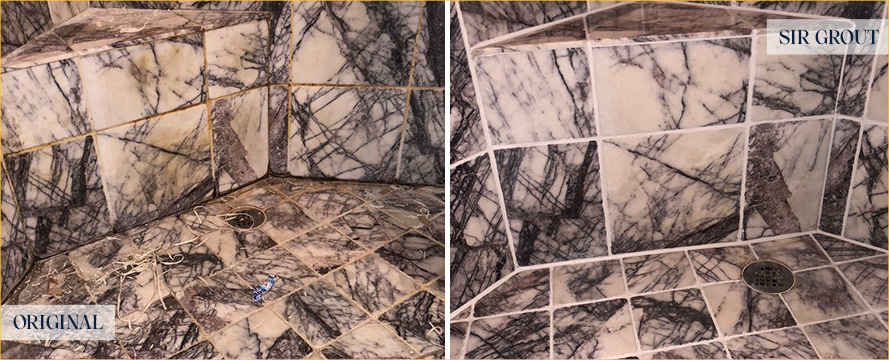 Marble Shower Before and After a Grout Cleaning in Snohomish