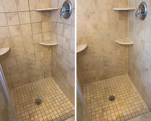 Shower Floor Before and Afer Our Brier Grout Cleaning Service