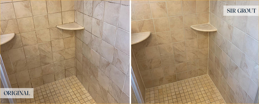 Shower Floor Before and Afer Our Brier Grout Cleaning Service