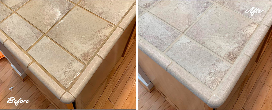 Before and after Picture of This Kitchen Countertop after a Tile and Grout Cleaning Service in Seattle, WA