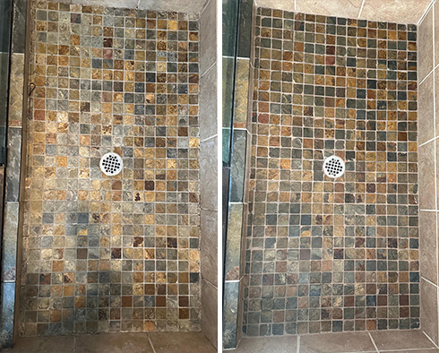 Shower Floor Before and After a Grout Sealing in Seattle
