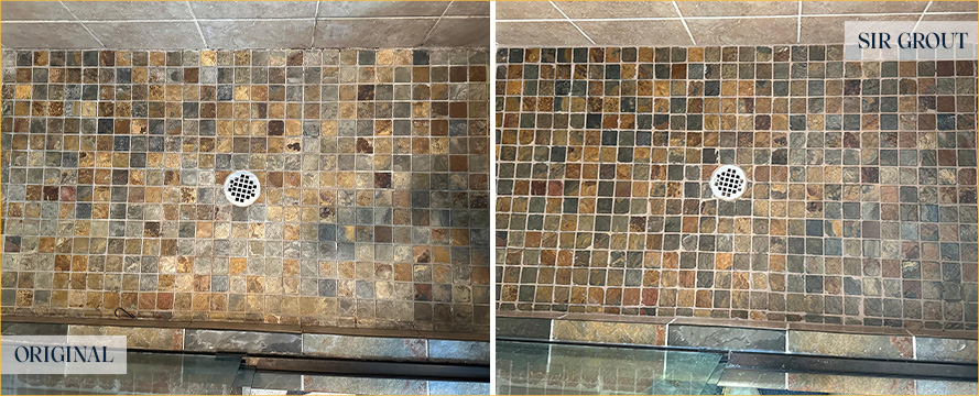 Shower Floor Before and After a Grout Sealing in Seattle