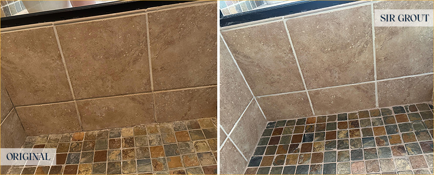 Shower Wall Before and After a Grout Sealing in Seattle