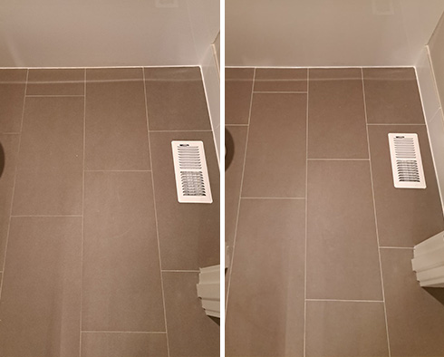 Bathroom Floor Before and After a Grout Cleaning in Redmond