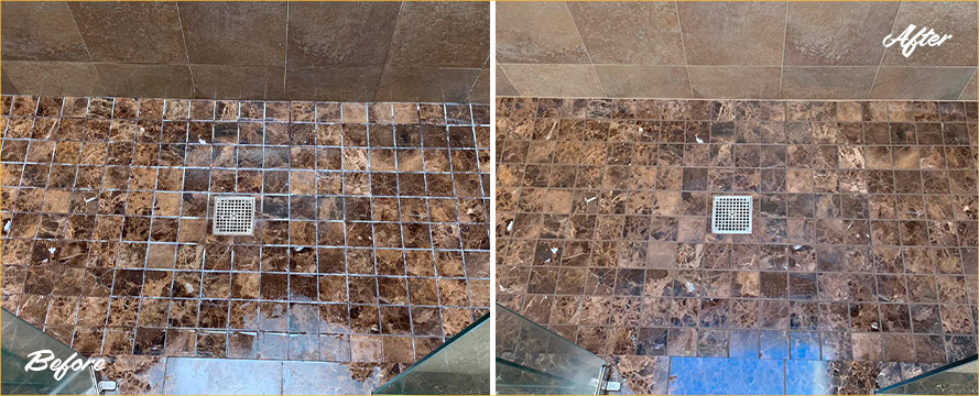 Before and after Picture of This Marble Shower after Our Hard Surface Restoration Services in Sammamish, WA