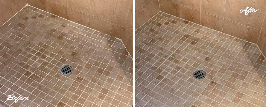 Before and after Picture of This Shower Floor after a Hard Surface Restoration in Issaquah, WA