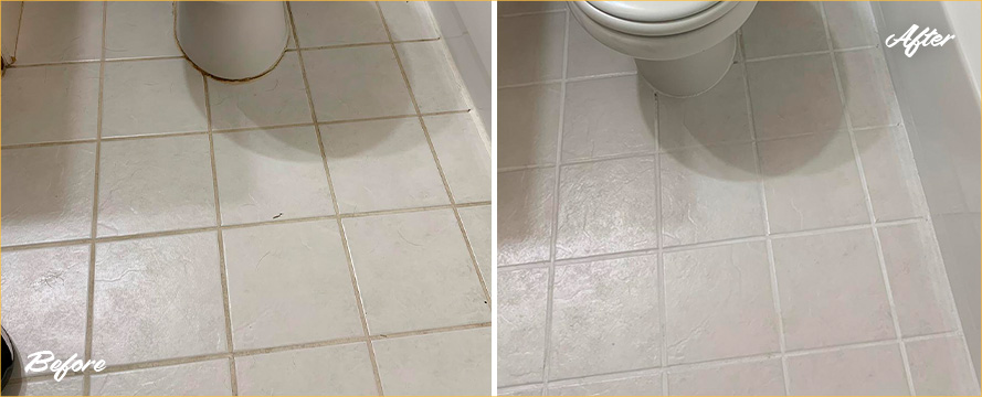 Image of a Bathroom Floor Before and After Our Tile and Grout Cleaners Service in Bellevue, WA
