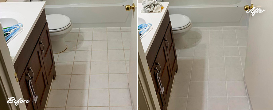 Picture of a Bathroom Floor Before and After Our Tile and Grout Cleaners Service in Bellevue, WA