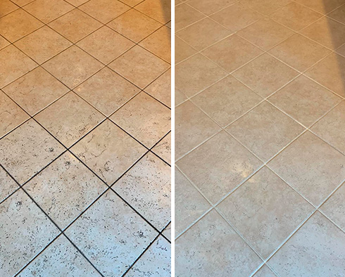 Picture of a Kitchen Floor Before and After a Grout Cleaning Service in Lynnwood, WA