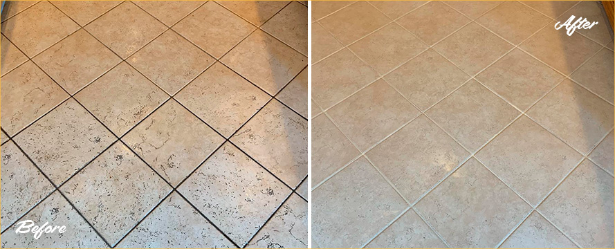 Before and After Picture of a Kitchen Floor Restoration Thanks to a Grout Cleaning Service in Lynnwood, WA