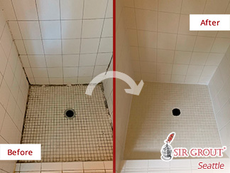 Before and After Picture of a Shower Grout Cleaning in Seattle